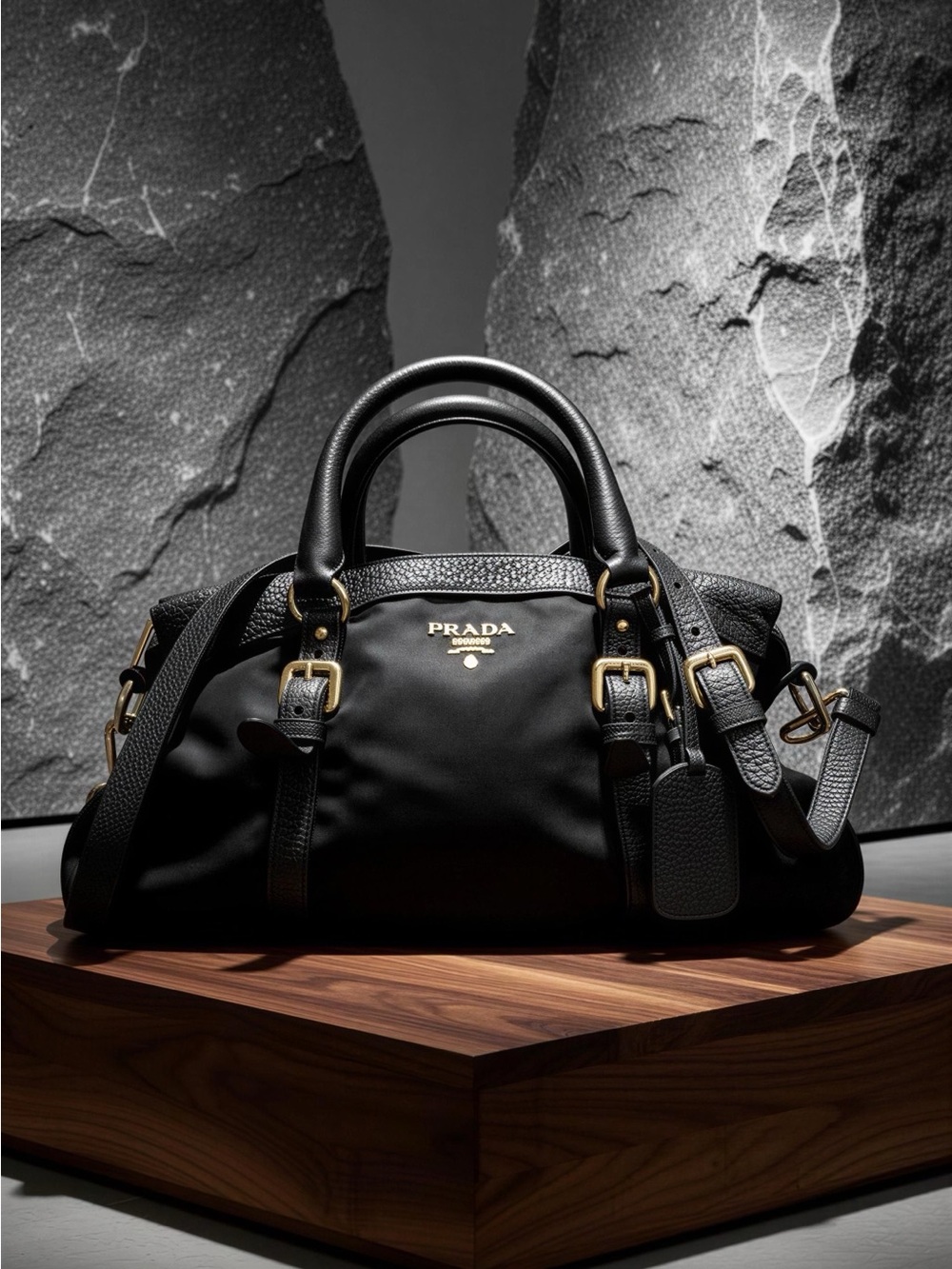 Prada Black Nylon and Leather hand or crossbody bag with gold Hardware Accents